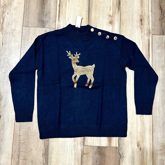 NEW | Talbots Blue Mockneck Sequin Reindeer Sweater NWT | S Petite | Holiday - Picture 1 of 13